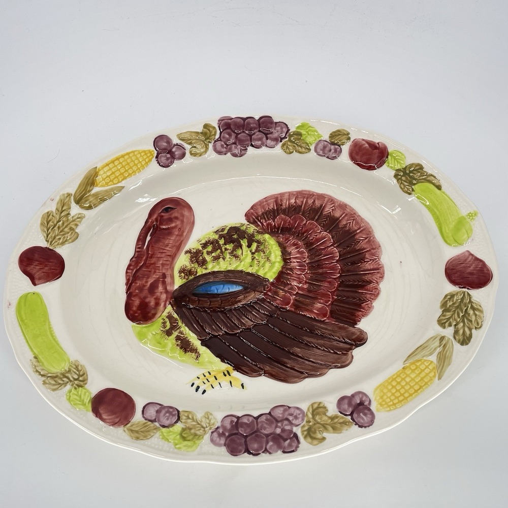 Vintage Extra Large Thanksgiving Turkey Platter Tray Hand Painted Pottery Japan